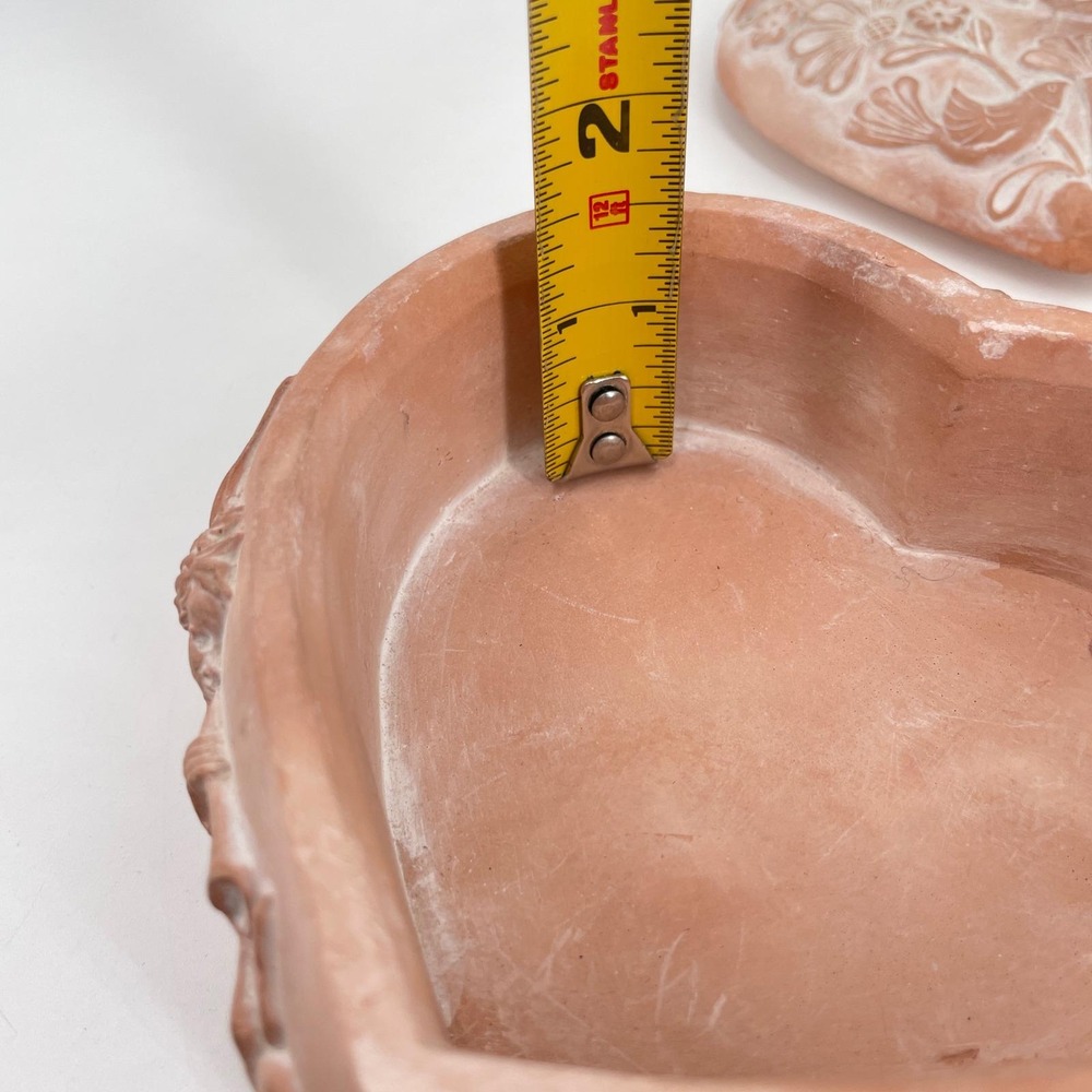 Vintage Terracotta Heart Trinket Box Embossed Angel Bird Floral Lidded Korea - Picture 10 of 11